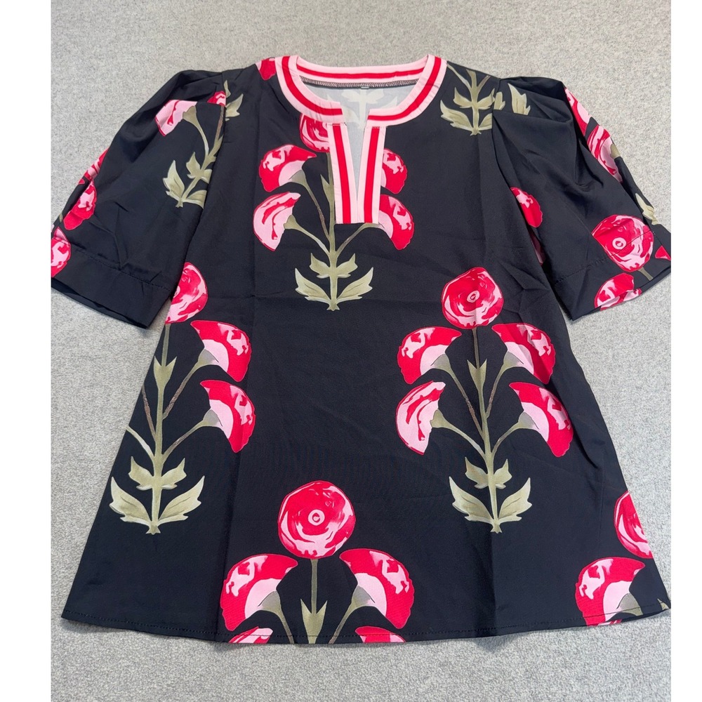 Floral Tunic Blouse Womens Large‎ Black Red Puff Sleeve Split Neck Flowy Summer